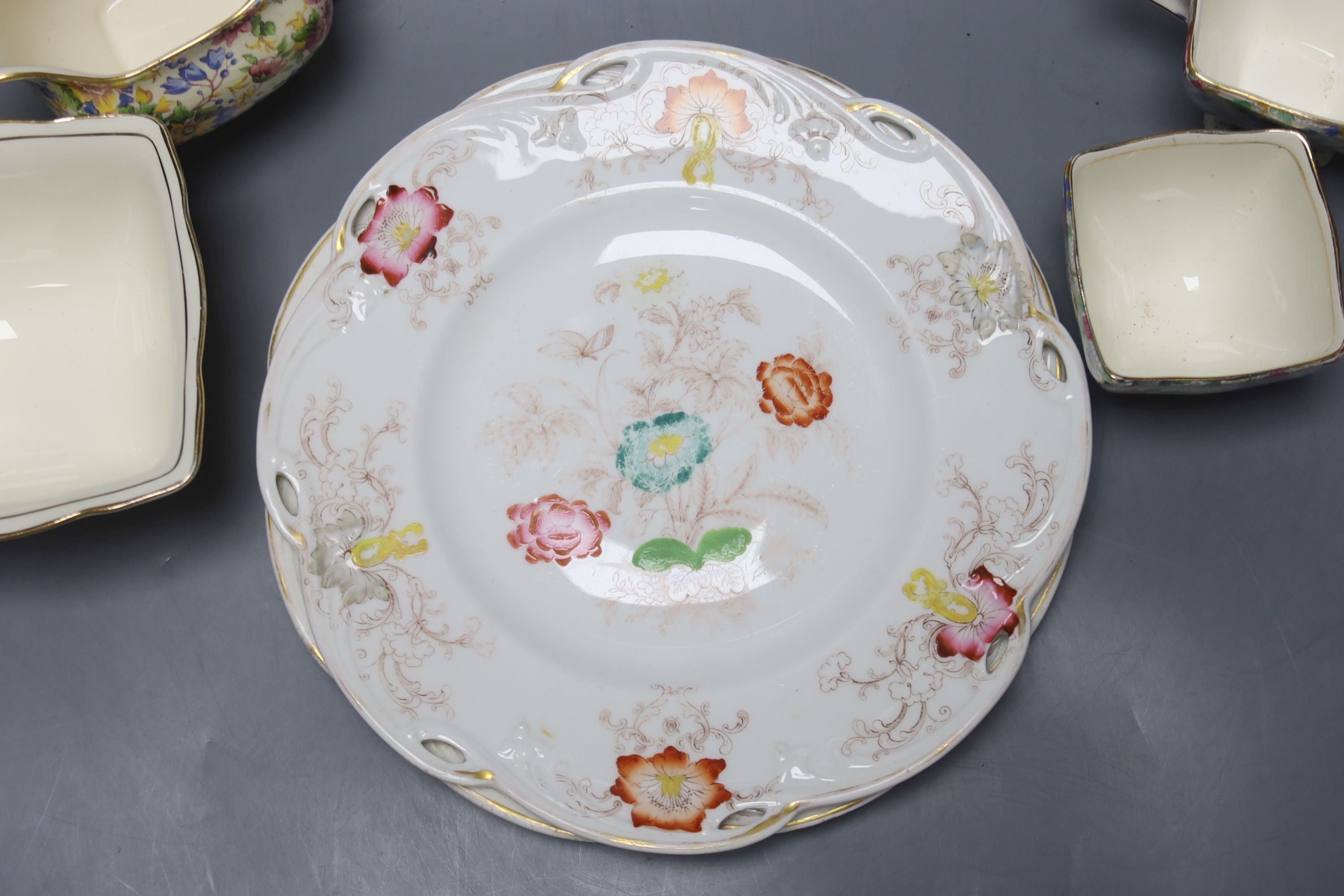 A group of Royal Winton Old Cottage Chintz pattern wares and an English porcelain dessert plates
